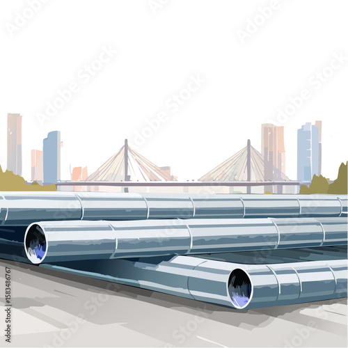 Industrial Pipes and Bridge in Urban Landscape SVG Vector Illustration