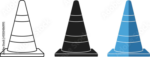 Three traffic cones in different styles outline silhouette and blue color