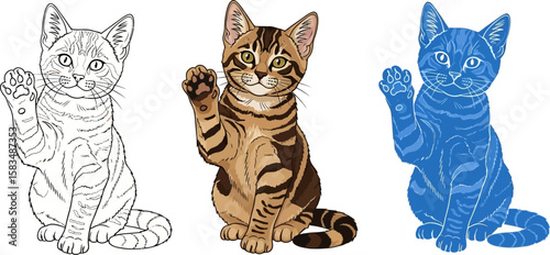 Three cats in different styles waving hello with their paws