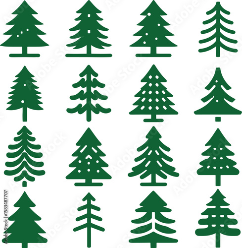 A festive set of green Christmas fir trees, perfect for holiday winter vector patterns and seamless designs with snow and star decorations