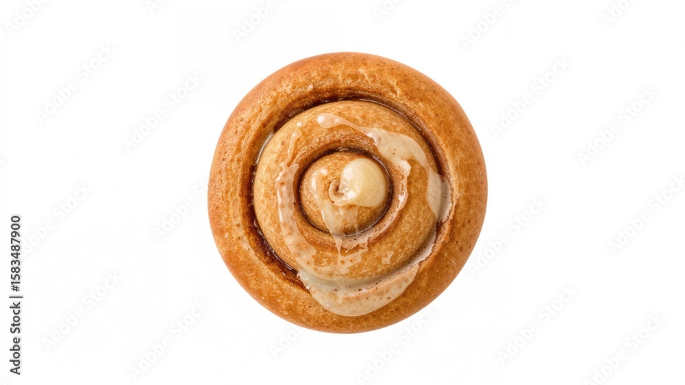 Fototapeta premium Cinnamon roll with creamy icing viewed from above on white background freshly baked pastry dessert sweet treat for breakfast or snack