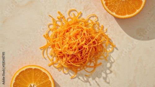 Orange zest pile surrounded by fresh orange slices on a light textured surface, captured from above in a flat lay arrangement.