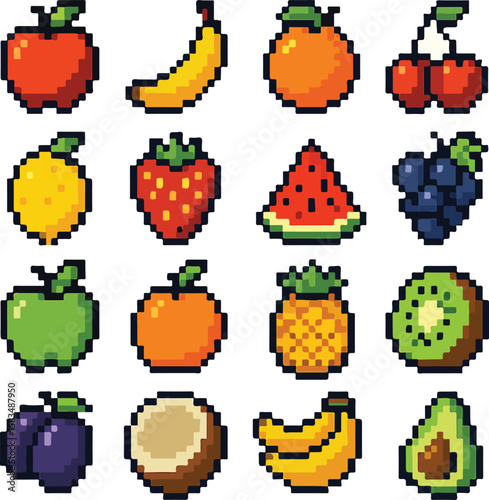 Pixel art illustration of various colorful and delicious fruits collection