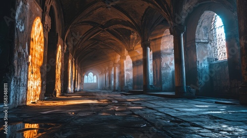Foto Gothic arched church courtyard at dusk