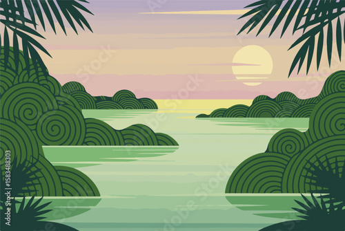 Tropical island beach landscape with palm trees at sunset