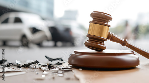 Gavel on desk with car crash in background. Legal ramifications of vehicle accidents. Seek counsel for responsible driving. Compensation for damages.