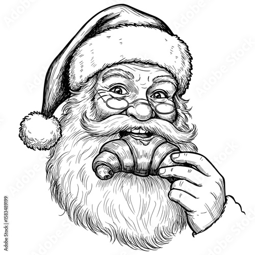Vintage ink sketch of Santa Claus eating a croissant – hand-drawn black and white illustration or vector engraving style svg


