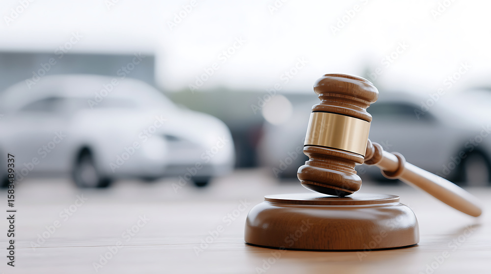 Gavel sits poised atop a sound block, cars blurred in background, hinting at an auction or legal process pertaining to vehicles or assets in the scene. Gavel sits poised atop a sound block, cars blurred in background, hinting at an auction or legal process pertaining to vehicles or assets in the scene.
