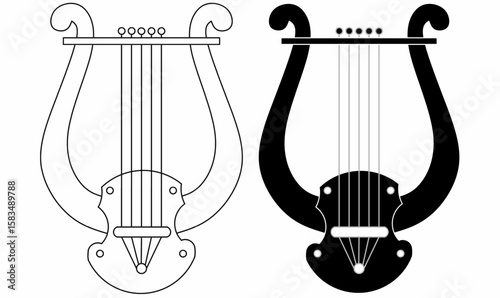 set Vector icon of lyre harp or a classical Greek lyre, shown in outline, silhouette and solid style. Includes tuning pegs, strings, and body. Ideal for music, mythology, or historical themed design. 