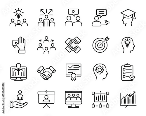 Workshop Vector Icon Set - Training, Teamwork, Collaboration, Knowledge, Skills, Ideas, Learning, Coaching, Chart, Growth, Presentation - Adjustable Line Weight