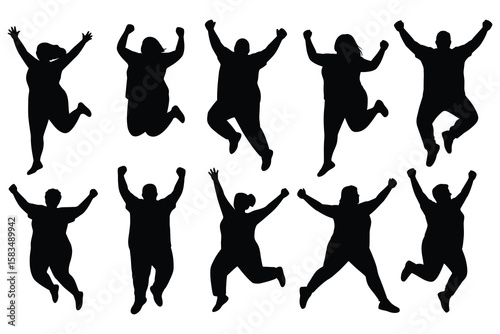 Silhouettes of people jumping with arms raised celebration