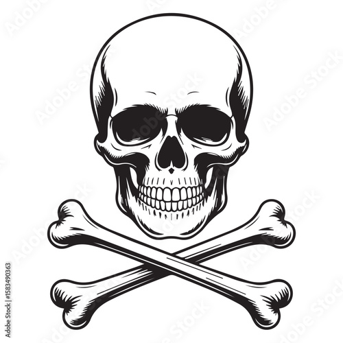Classic black and white skull and crossbones symbol with detailed shading and sharp edges on a clean white background
