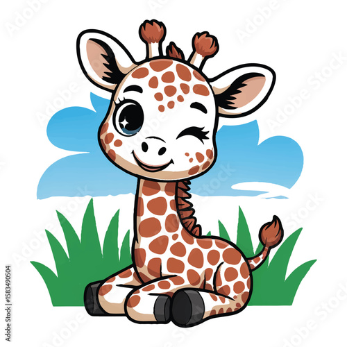 Adorable cartoon baby giraffe with brown spots winking and smiling sitting in green grass with blue sky and clouds