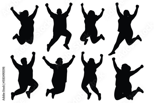 Silhouettes of people jumping with arms raised celebration