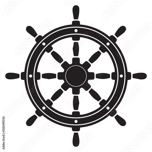 Classic nautical ship steering wheel emblem silhouette isolated on white background for maritime and travel concepts