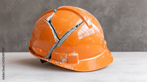 Damaged orange hard hat displays workplace safety risks, emphasizing importance of protective gear for construction, and mining workers. Must be replaced immediately.