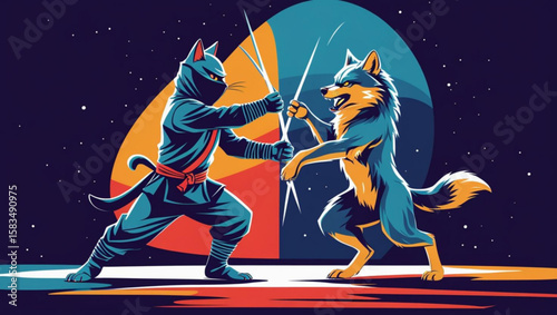 Ninja Cat vs. Fox Sword Fight