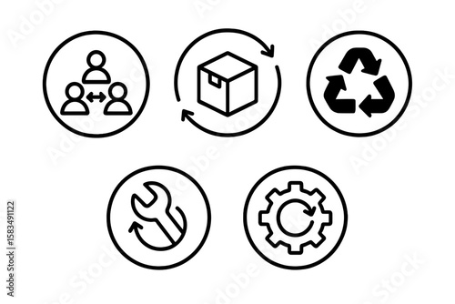 Icons representing collaboration, logistics, recycling, and maintenance in a business ecosystem