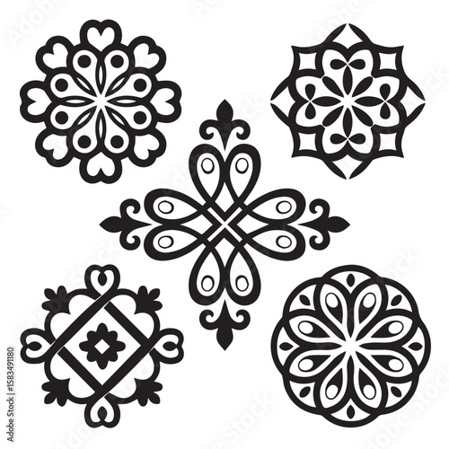 Collection of five intricate black and white ornamental decorative elements and motifs with symmetrical patterns on a white background