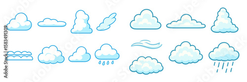 Different types of clouds illustrated in a clear style showcasing various shapes and weather indicators in a bright background