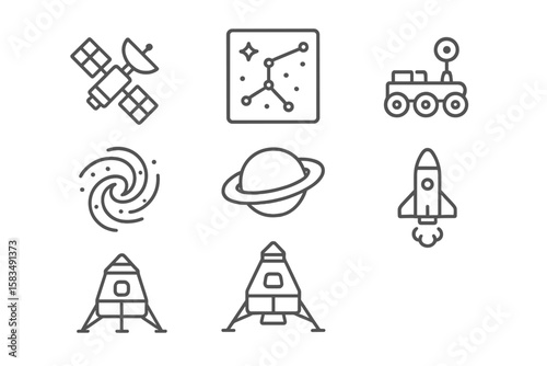 Space exploration icons representing various elements of astronomy and technology
