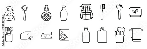 Kitchen utensils and grocery items arranged in a simple line drawing, showcasing essential cooking tools and food storage methods