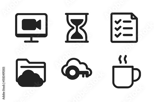 Collection of icons representing video recording, time, task management, file storage, cloud access, and coffee break