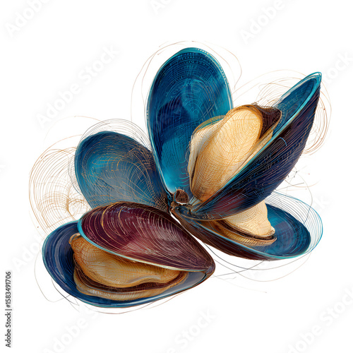 Mussel doodle with smooth shell margin outline, transparent background.