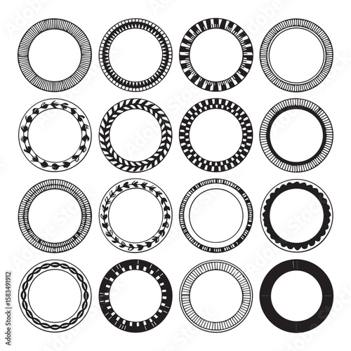 Collection of sixteen unique black and white circular decorative borders and frames with various geometric and natural patterns