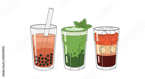A trio of delicious refreshing drinks each featuring unique ingredients and layers of flavor