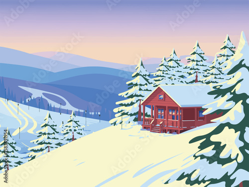 A cozy cabin nestled in a snowy mountain landscape, perfect for a winter holiday scene