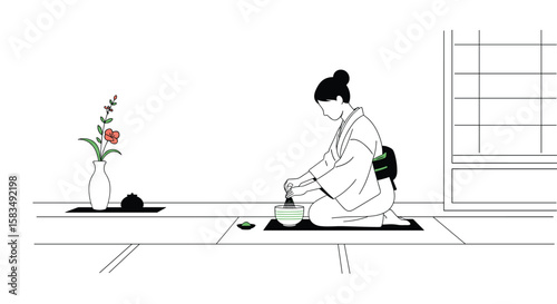 Traditional japanese woman preparing green tea ceremony in a minimalist room