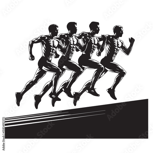 Dynamic black and white illustration of four muscular male athletes in silhouette running in unison with motion lines indicating speed and progress