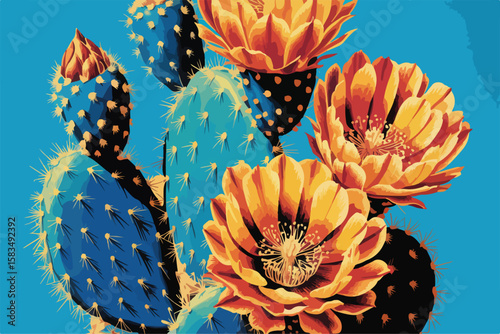 Whimsical desert cacti bloom under a vibrant sky, an artistic spring illustration of nature's colorful, floral beauty