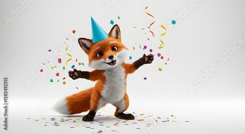 Happy Fox Celebrating with Confetti - Party Animal Illustration