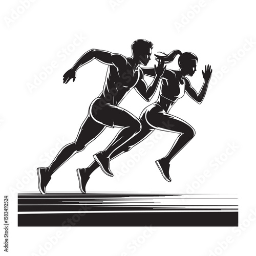 Dynamic black and white silhouette illustration of a fit man and woman running side by side with speed lines indicating motion