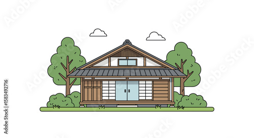 Traditional japanese architecture design featuring sliding doors and overhanging roofs