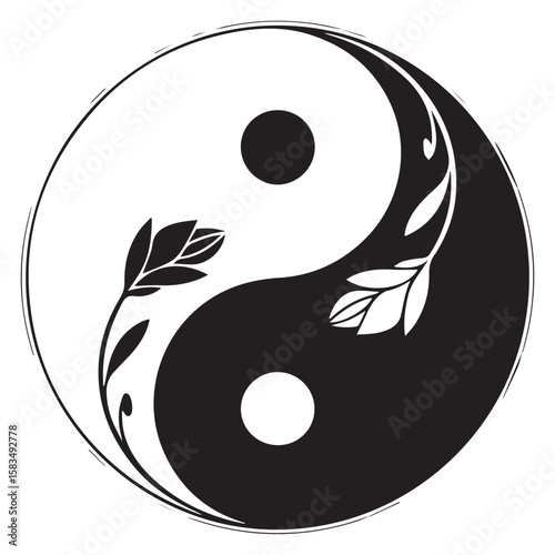 Elegant black and white yin yang symbol adorned with delicate floral branches and leaves representing balance and harmony