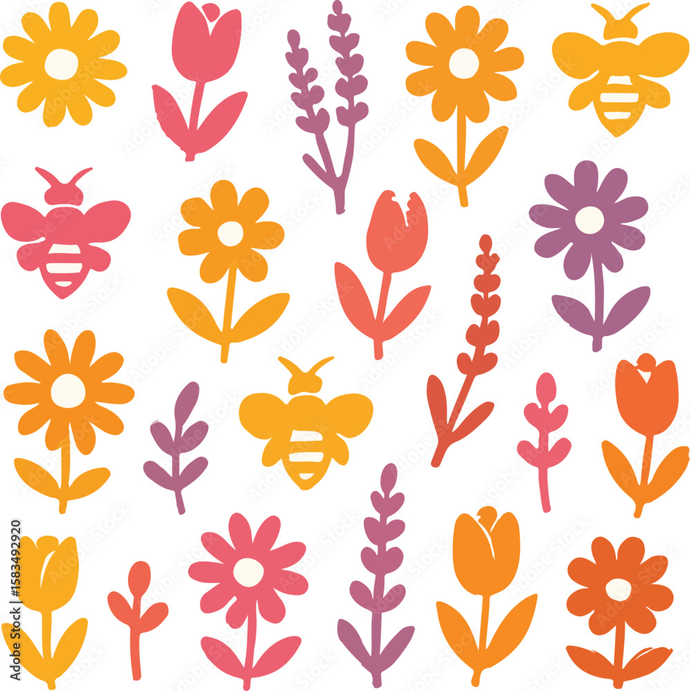 Obraz premium Spring Flowers and Bees Icon Set – Colourful Flat Vector Tulips, Daisies, Lavender and Pollinators