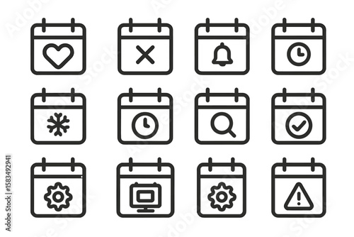 Calendar icon collection with functional symbols in minimalism style on dark background
