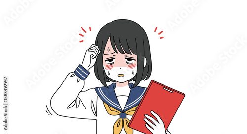Anxious schoolgirl with red cheeks holding a red clipboard with a worried expression