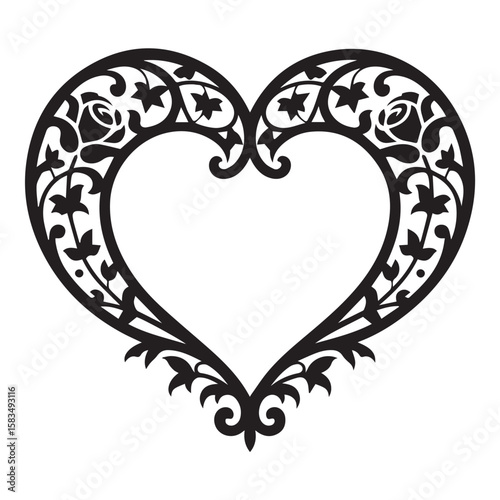 Elegant black heart shaped frame with intricate floral and vine like scrollwork and star motifs on a white background