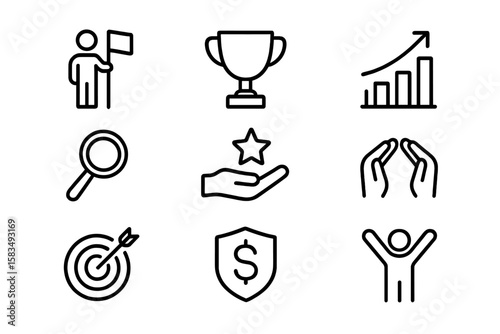 Minimalist black line icons for business success and growth