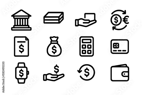 Financial icon set: banking, currency exchange, and payment methods in linear style