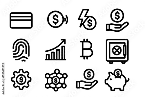 Black linear financial icons set: cryptocurrency, banking, investment, security