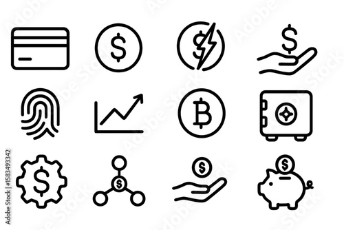 Minimalist financial icons set featuring hand, currency, and security elements