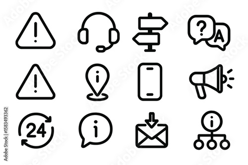 Minimalistic black alert and communication icons set on dark background