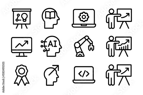 Business and technology icon set featuring ai and growth concepts on dark background