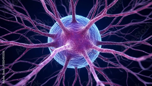 This stunning 3D visual showcases a neuron with intricate branches extending from a central cell body, illuminated in vibrant colors against a dark backdrop. The design highlights neuron's   4K  3Д