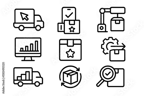 Black line icons for logistics and inventory management